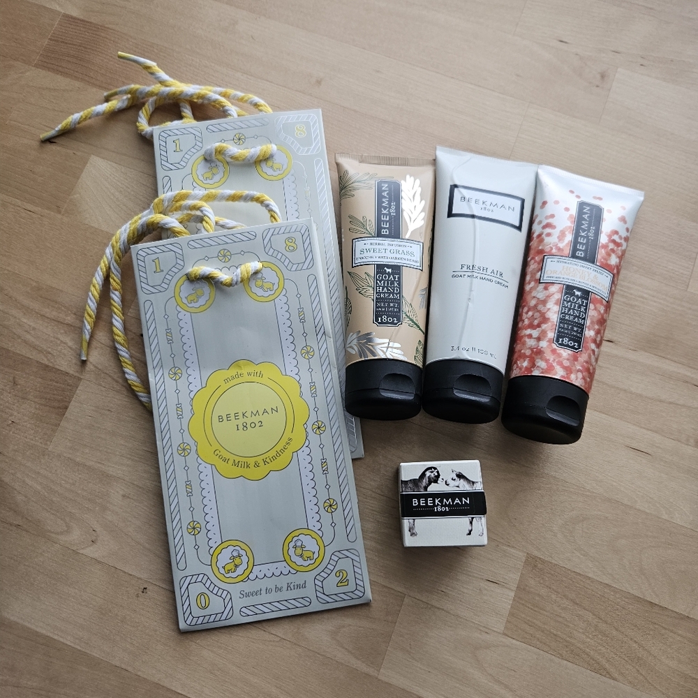 NEW Beekman 1802 Lot Of Goat Milk‎ Hand Cream, Cuticle Cream And Gift Bags